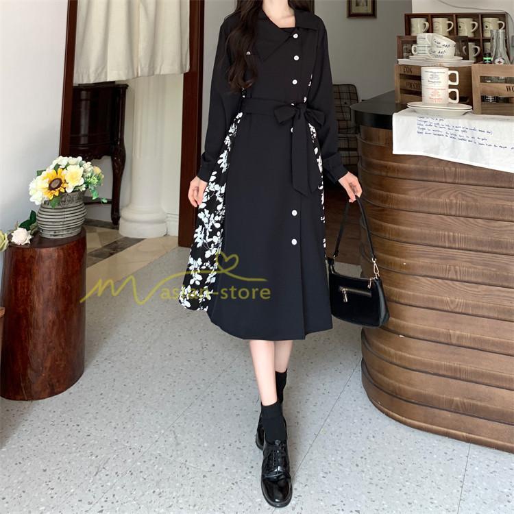 マキシ | ロングワンピース 秋物 レディース ミモレ丈 Aラインワンピース 切り替え フェイク レイヤード風 シャツワンピ お呼ばれワンピース 30代40代 着やせ 重ね着風