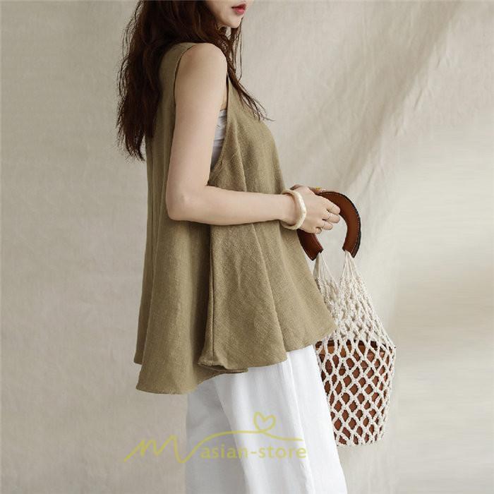 シャツ・ブラウス | ブラウス トップス ノースリーブ レディース tシャツ タンクトップ ベルト付き 広い裾 フレア裾 涼しい 涼感 体型カバー ゆったり 綿麻 夏 おしゃれ 大人 無地