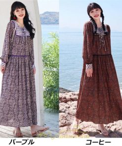 マキシ | ワンピース 長袖 春夏秋 レディース きれいめ ロング丈 カシュクール リゾート 花柄 体型カバー 着痩せ ゆったり エスニック レトロ 海 ビーチ リゾート 旅行