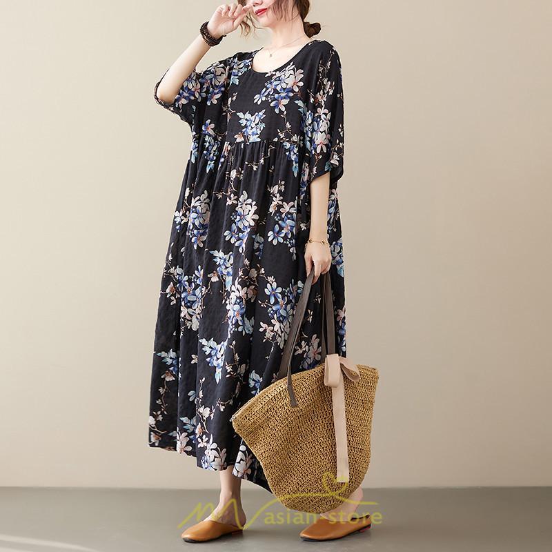 マキシ | マキシワンピース レディース リゾートワンピース 半袖 マキシワンピース ロングワンピース 春夏 黒 旅行用 着痩せ 丸首 体型カバー サイドポケット ぽっちゃり