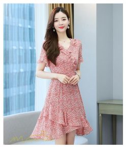 ミディアム | ワンピース レディース 小花柄 きれいめ 半袖 Aラインワンピース 着痩せ 日常感 Vネック 大きいサイズ 30代 サマーワンピース 上品 40代 大人 膝丈