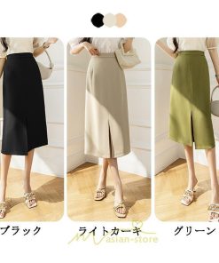 スカート | ボトムス 膝下 スリット ひざ下 Aライン ウエストゴム 楽 大人 きれいめ 20代 30代 40代 サイドチャック 通勤 上品 ビジネス オフィス