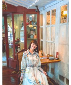 マキシ | マキシワンピース ワンピース レディース 長袖 体型カバー レトロ風 プリント ドレス マキシ丈ワンピース 通勤 綺麗 夏 ロング マキシ丈 オシャレ ラペル 無地