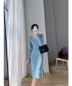 ニットワンピース | ニット ワンピース ロング Vネック ニットワンピ 長袖 ブラック 2022秋冬 ブルー マーメイド フリル セクシー 通勤 おしゃれ キレイめ ミモレ丈 上品