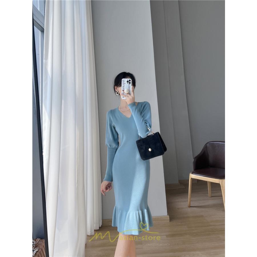 ニットワンピース | ニット ワンピース ロング Vネック ニットワンピ 長袖 ブラック 2022秋冬 ブルー マーメイド フリル セクシー 通勤 おしゃれ キレイめ ミモレ丈 上品
