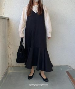 マキシ | ワンピース キャミワンピース レディース 秋 冬 Vネック  マーメイド マキシワンピ ロング デイリー おしゃれ 肩紐調節可 フリル 可愛い