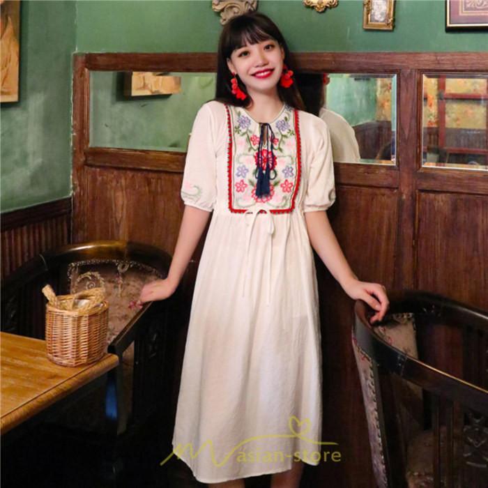 マキシ | ワンピース レディース 刺繍 綿麻 レトロ調 インスタ映え ナチュラル エスニック風 民族風 ボヘミアン 柔らかい SNS映え リゾート 赤 黄色 撮影 白