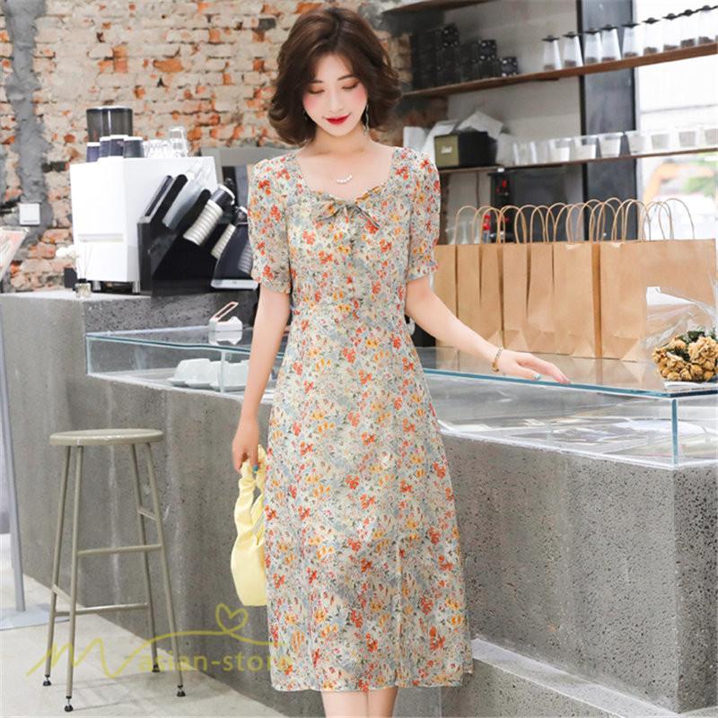 ミディアム | ワンピース Aライン レディース サマーワンピース 花柄 フレア 上品 シフォン 薄手 夏 新作 カジュアル 大人 着痩せ 裾口スリット 上品 おでかえk きれいめ