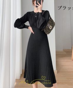 ニットワンピース | レディース 冬 きれいめ ロング おしゃれ 秋冬 長袖 送料無料 着痩せ 無地 通勤 提灯袖 可愛い パフスリーブ 20代30代40代50代