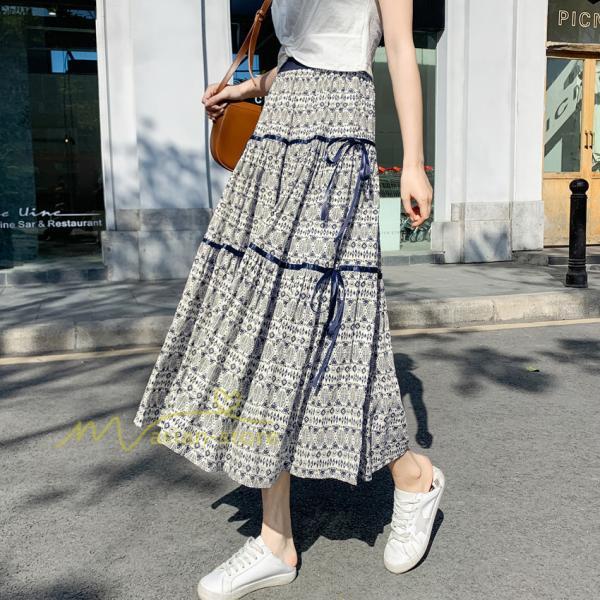 スカート | フレアロングレデイース リネンウエストゴム 綿麻混 マキシマキシ レトロ風 体型カバー リゾート 夏物