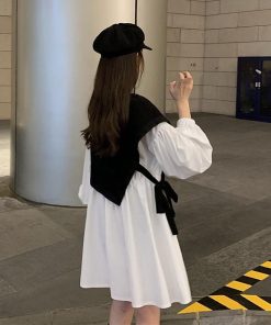 シャツワンピース | 長袖ワンピース おしゃれ チュニックワンピ 白 ベストレイヤード風 レディース アシンメトリー きれいめ