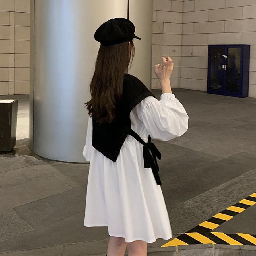 シャツワンピース | 長袖ワンピース おしゃれ チュニックワンピ 白 ベストレイヤード風 レディース アシンメトリー きれいめ