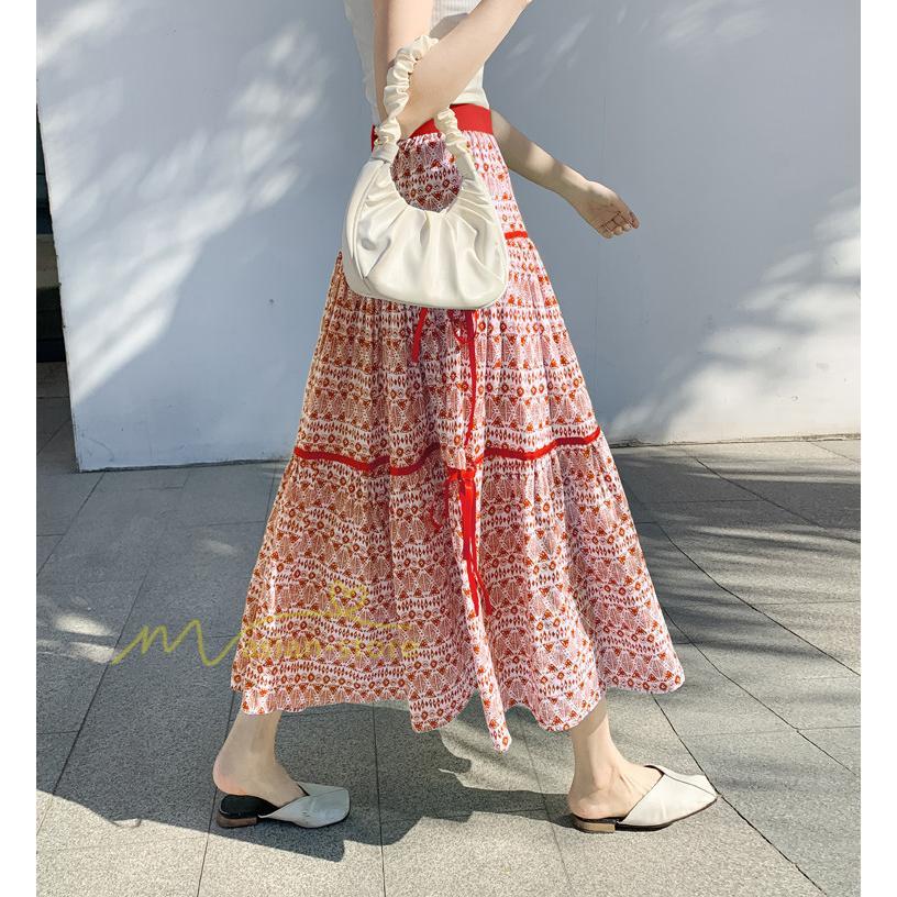 スカート | フレアロングレデイース リネンウエストゴム 綿麻混 マキシマキシ レトロ風 体型カバー リゾート 夏物