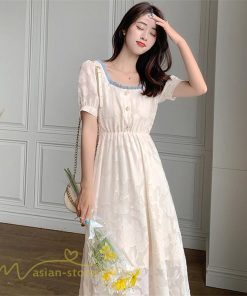 ミディアム | ワンピース レディース 着痩せ スクエアネック 上品 可愛い 半袖 ハイウエスト 透け感 Aラインワンピース 韓国風 20代 お出かけ 通勤通学 30代 きれいめ 40代