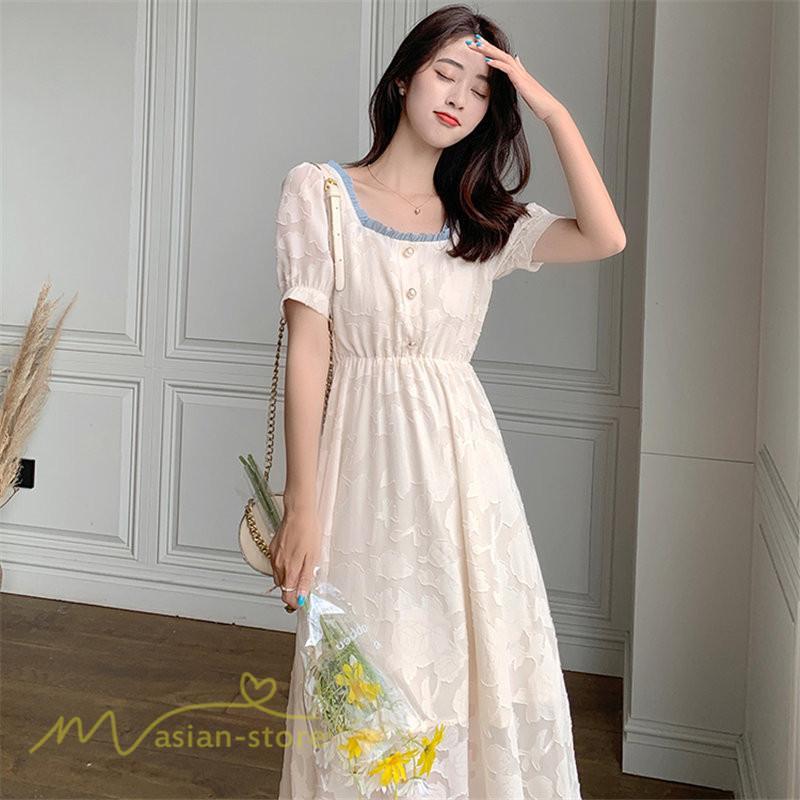 ミディアム | ワンピース レディース 着痩せ スクエアネック 上品 可愛い 半袖 ハイウエスト 透け感 Aラインワンピース 韓国風 20代 お出かけ 通勤通学 30代 きれいめ 40代