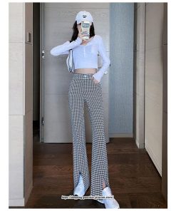 チノ・テーパード・ジョガー・スキニーパン | パンツ レディース フレアパンツ ロングパンツ 千鳥格柄 スリット カジュアル ハイウエスト ワイドパンツ トレンド おしゃれ 送料無料 楽ちん お出かけ かわいい