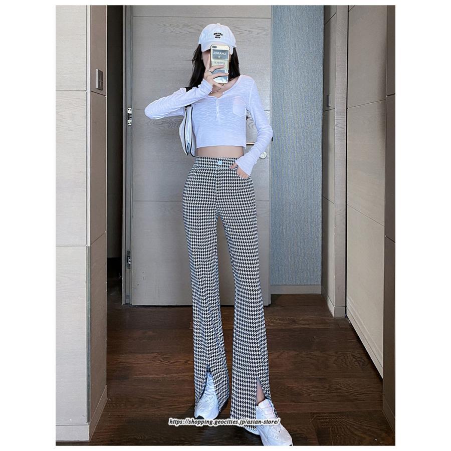 チノ・テーパード・ジョガー・スキニーパン | パンツ レディース フレアパンツ ロングパンツ 千鳥格柄 スリット カジュアル ハイウエスト ワイドパンツ トレンド おしゃれ 送料無料 楽ちん お出かけ かわいい