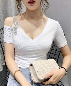 Tシャツ・カットソー | Tシャツ 肩だし クロスVネック コットン トップス 半袖 ヒョウ柄 無地 レディース スタイリッシュ 個性的 エレガント セクシー 着痩せ 気質 フェミニン