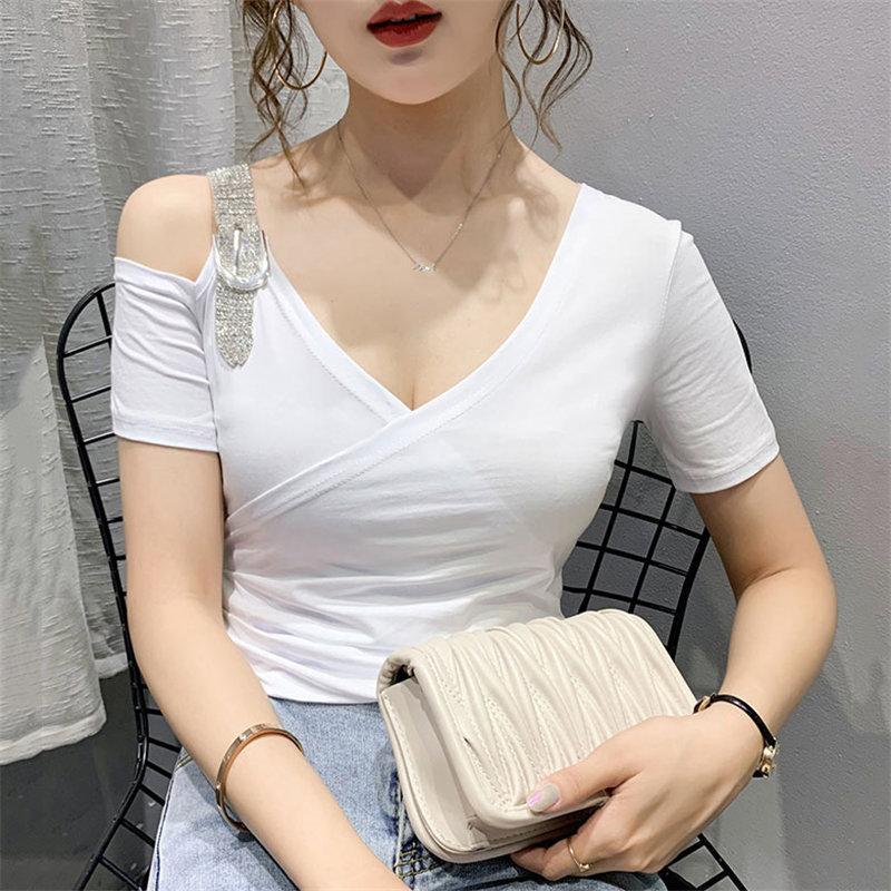 Tシャツ・カットソー | Tシャツ 肩だし クロスVネック コットン トップス 半袖 ヒョウ柄 無地 レディース スタイリッシュ 個性的 エレガント セクシー 着痩せ 気質 フェミニン