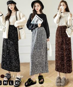 スカート | ロング マキシ フレアAライン ロングキラキラ 個性的 ハイウエスト スリット 着痩せ あったか 2022新作 体型カバー 冬 秋
