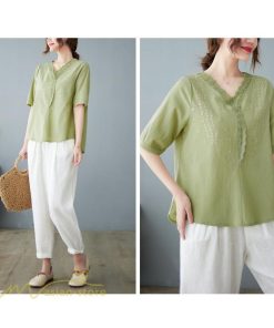 tシャツ・カットソー | Tシャツ ブラウス レディース Vネック カジュアル エレガント 半袖 30代 40代 カットソー 夏新作 おしゃれ 大きいサイズ 体型カバー コットン 麻混 ゆったり