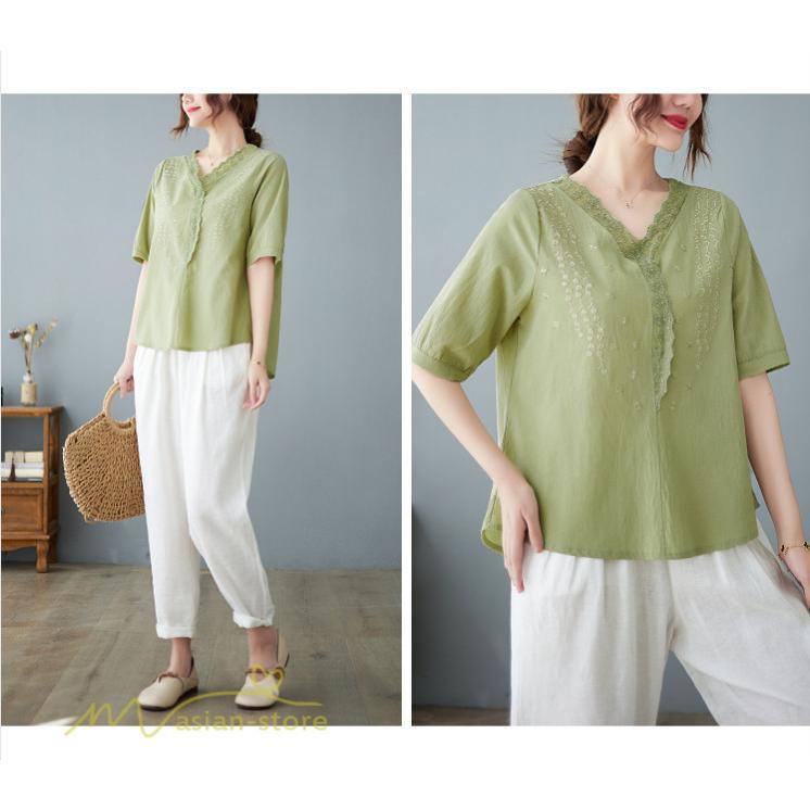 tシャツ・カットソー | Tシャツ ブラウス レディース Vネック カジュアル エレガント 半袖 30代 40代 カットソー 夏新作 おしゃれ 大きいサイズ 体型カバー コットン 麻混 ゆったり