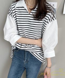 シャツ・ブラウス | ブラウスシャツ レディース 七分袖 Tシャツ 切り替え ボーダー フェイク 重ね着風 レイヤード トップス オフィスカジュアル 大人 20代 50代 通勤 30代