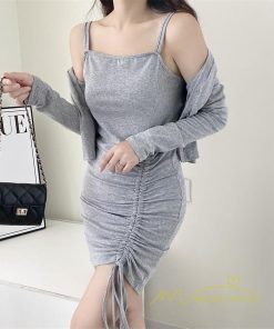 ミニ丈 | タイトワンピース カーディガン セットアップ ミニワンピース 伸縮性 無地 2点セット セクシー 大人 キャミソールワンピース 夏 キャザー レディース 秋物