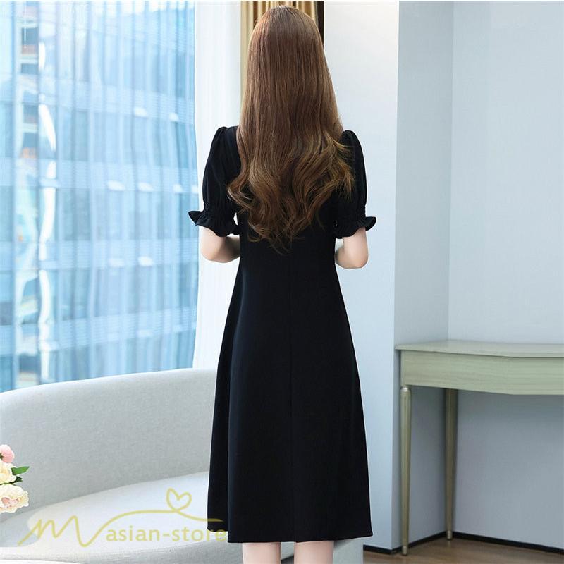ミディアム | ワンピース レディース 着痩せ 半袖 Vネック カジュアル Aライン おしゃれ ミディアムワンピース エレガント 大きいサイズ 黒 夏 サマーワンピース 夏服 新作