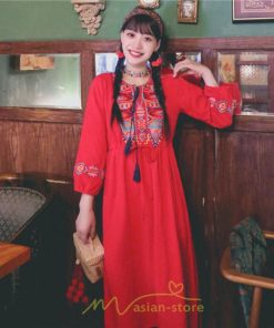 マキシ | ロングワンピース  レディース 夏 秋 夏秋 リゾート ロング ワンピ 長袖 大人 白 黄色 青 赤 四色展開 がーりー 刺繍 レトロ風 かわいい おしゃれ きれいめ 上品