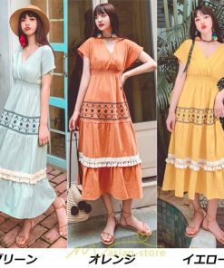 マキシ | ワンピース エスニック 綿麻 エスニックファッション 春ワンピ 夏ワンピ コットン リネン かわいい おしゃれ ハイウエスト バカンス 刺繍 Vネック リゾート 旅行