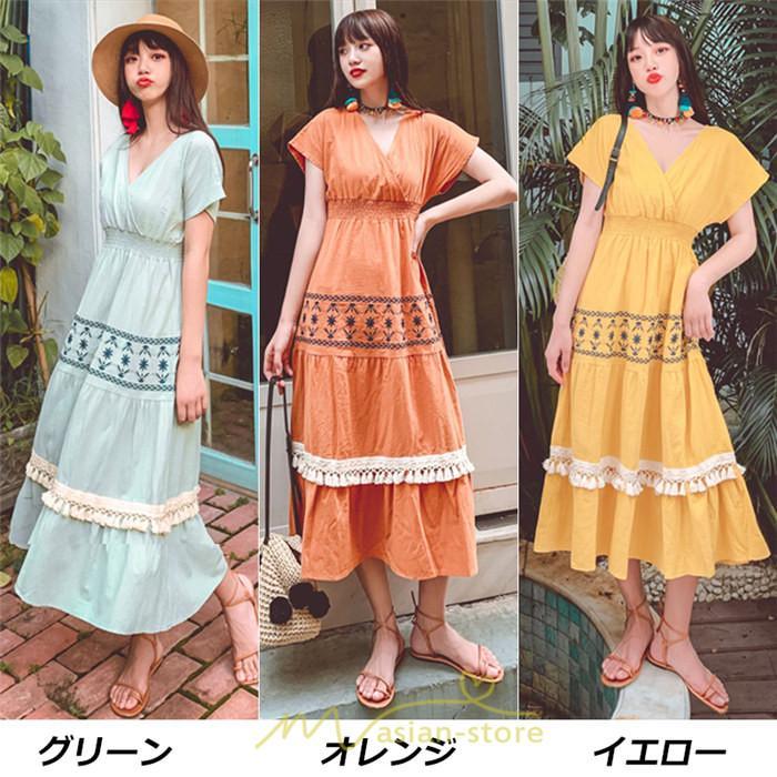 マキシ | ワンピース エスニック 綿麻 エスニックファッション 春ワンピ 夏ワンピ コットン リネン かわいい おしゃれ ハイウエスト バカンス 刺繍 Vネック リゾート 旅行