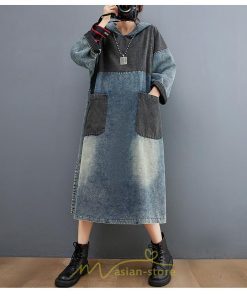 デニムワンピース | ワンピース デニム レディース 40代 ロング チュニック 長袖 ゆったり 体型カバー フード付き ポケット 切り替え 大きいサイズ