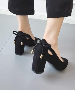 パンプス | スエード調 ポインテッドトゥ チャンキーヒール スエード太ヒール ストラップなし スリップオン バックリボン 無地 大きいサイズ ミドル