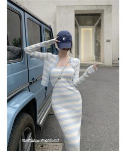 カーディガン | ニットワンピース リブニット トップス キャミワンピース ボーダー ニット 長袖 タイト ニットワンピース スリム セクシー 20代