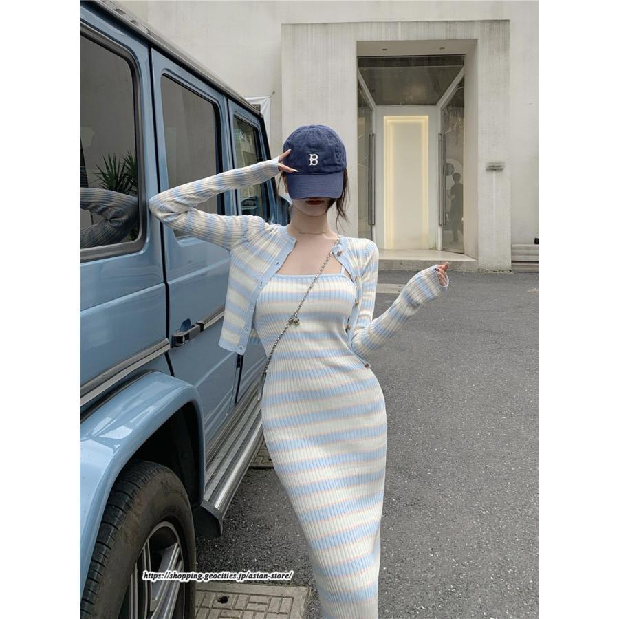 カーディガン | ニットワンピース リブニット トップス キャミワンピース ボーダー ニット 長袖 タイト ニットワンピース スリム セクシー 20代