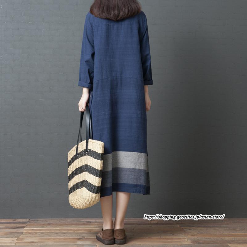 マキシ | リネンワンピース50代レディース綿麻風 長袖秋物 丸ネック 無地 Aラインワンピース ミモレ丈ワンピース サイドポケット ワンピース 30代40代 シンプル 大人