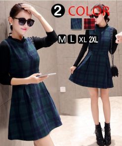 ニットワンピース | 即日秋冬 切り替え チェック柄 ドッキングワンピース ニット セーター 長袖 Aライン 20代30代 クルーネック 大人 可愛い 膝上丈
