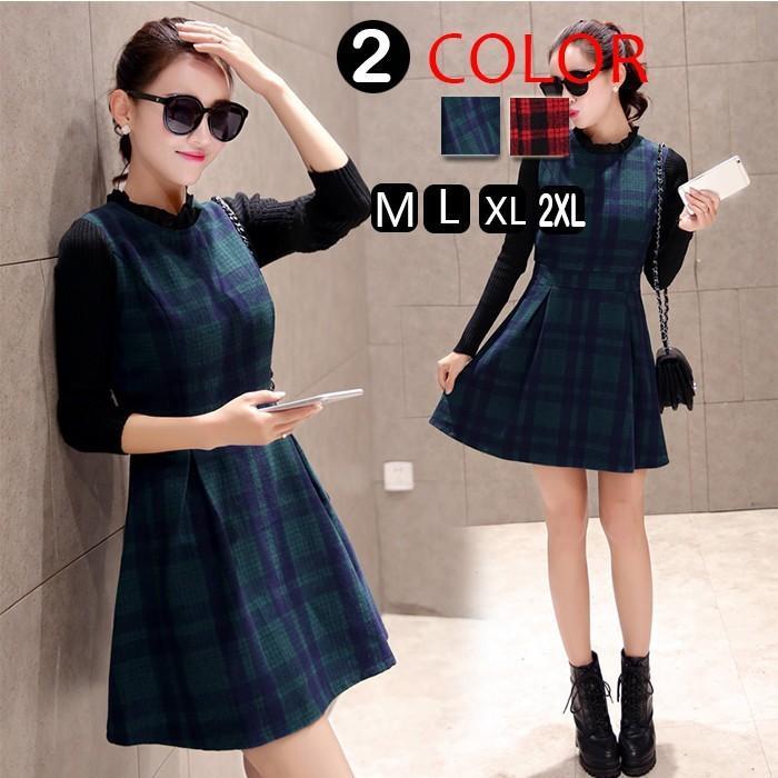 ニットワンピース | 即日秋冬 切り替え チェック柄 ドッキングワンピース ニット セーター 長袖 Aライン 20代30代 クルーネック 大人 可愛い 膝上丈