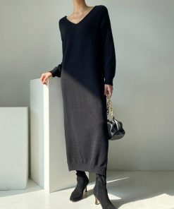 ニットワンピース | ワンピース 秋冬 ロングワンピース ミモレ丈 無地 ゆったり 体型カバー 柔らか 大人 長袖 20代30代 セーター Vネック アウター ニット 50代