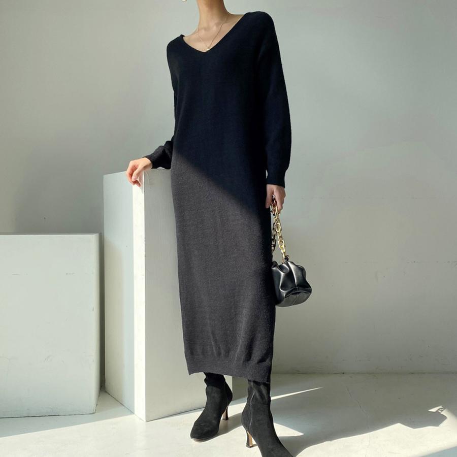 ニットワンピース | ワンピース 秋冬 ロングワンピース ミモレ丈 無地 ゆったり 体型カバー 柔らか 大人 長袖 20代30代 セーター Vネック アウター ニット 50代