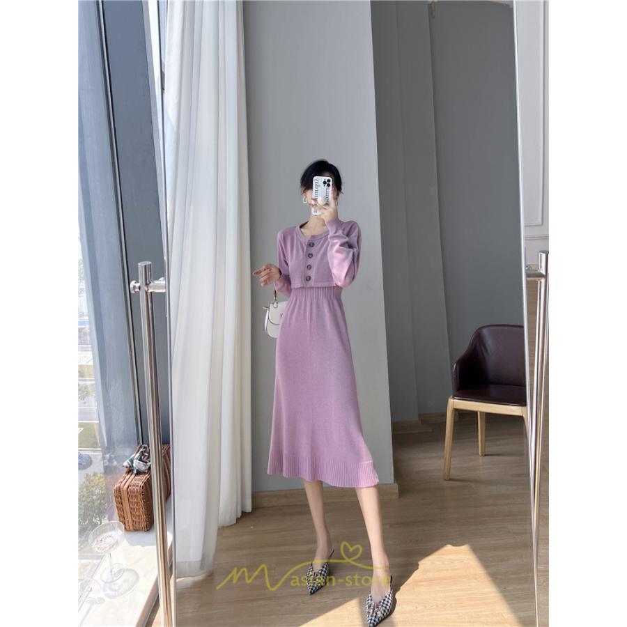 ニットワンピース | セットアップ レディース 秋冬 きれいめ ロング丈無地 20代30代40代50代 長袖 可愛い お出かけ 大人 通勤 韓国風 着痩せ