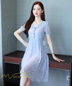 ミディアム | ワンピース レディース 着痩せ 半袖 Vネック カジュアル Aラインワンピース 大きいサイズ 上品 ドット柄 気質 春 新作 サマーワンピース 夏 おしゃれ