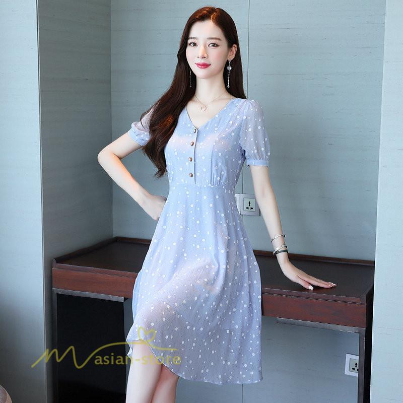 ミディアム | ワンピース レディース 着痩せ 半袖 Vネック カジュアル Aラインワンピース 大きいサイズ 上品 ドット柄 気質 春 新作 サマーワンピース 夏 おしゃれ
