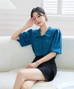 シャツ・ブラウス | ブラウス レディース オフィス シャツ 青 フォーマル 半袖 おしゃれ カジュアル フェミニン 開襟 着痩せ フランス風 お仕事 クラシック ビジネス 通勤 OL