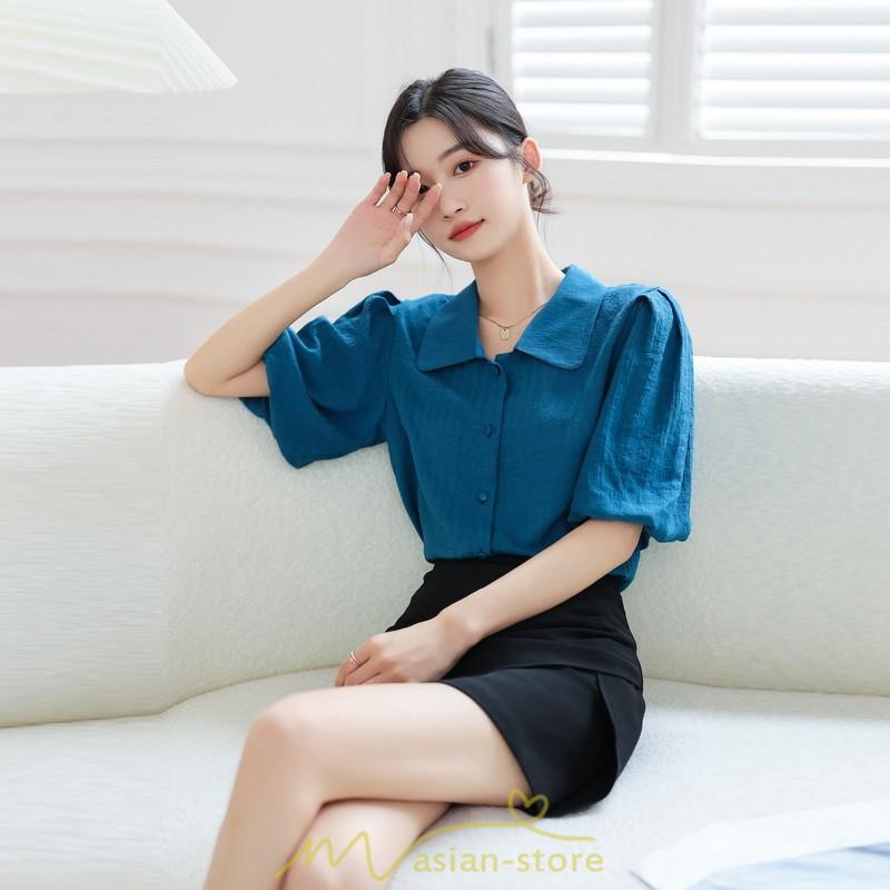シャツ・ブラウス | ブラウス レディース オフィス シャツ 青 フォーマル 半袖 おしゃれ カジュアル フェミニン 開襟 着痩せ フランス風 お仕事 クラシック ビジネス 通勤 OL