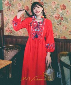 マキシ | ワンピース ロングワンピ パーティー お呼ばれ デート ゆったり 女子会 食事会 白 赤 黄色 青 Aライン 長袖 エスニック風 2022年夏秋新作 刺繍 Vネック 綿麻