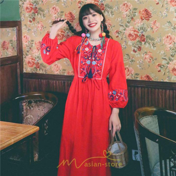 マキシ | ワンピース ロングワンピ パーティー お呼ばれ デート ゆったり 女子会 食事会 白 赤 黄色 青 Aライン 長袖 エスニック風 2022年夏秋新作 刺繍 Vネック 綿麻