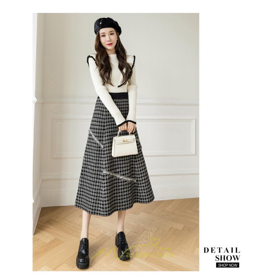 スカート | ロングチェック柄 ニット きれいめ レディース ロング丈 女子会 デート 20代 30代 40代 50代 秋 あったか お出かけ 冬 フレア 高見え 細見え