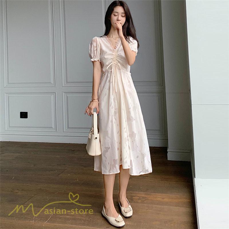 ミディアム | ワンピース レディース 着痩せ 上品 半袖 Aラインワンピース シフォン カジュアル 膝丈 きれいめ おしゃれ Vネック 上品 40代 30代 20代 サマーワンピース